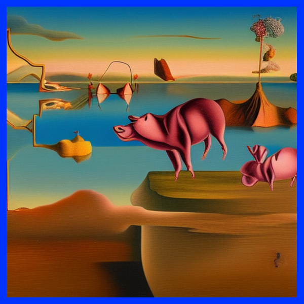 "Imitation d'une œuvre de Salvador Dali dans le style surréaliste, générée par Mathieu Laca dans Stable Diffusion. Cette création, représentant un paysage avec un lac et des cochons volants, soulève des enjeux juridiques, notamment ceux liés aux droits d'auteur et à l'intelligence artificielle.